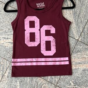 “86”-Social Scene -Women’s -Maroon Graphic Tank Top with Pink Accents
